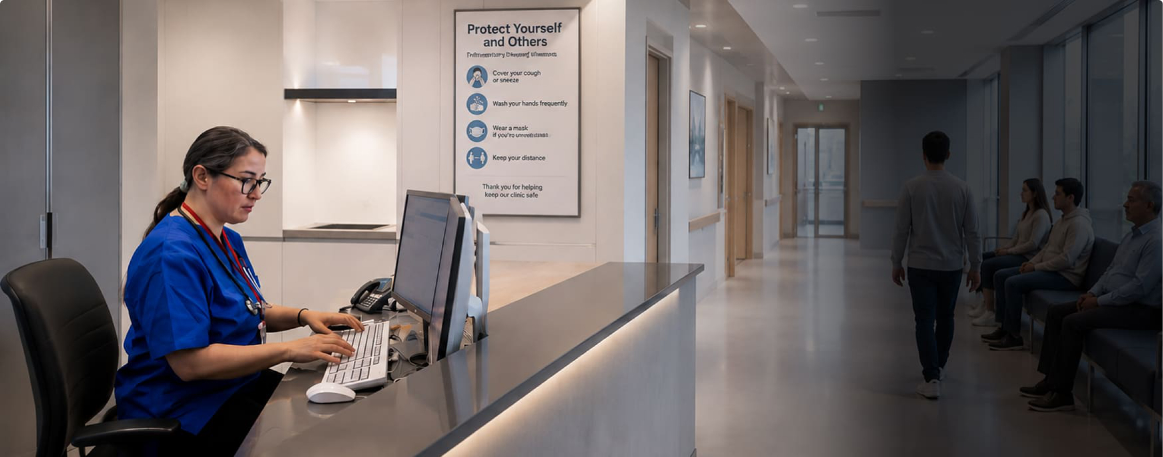 Healthcare professional managing clinic operations at a workstation