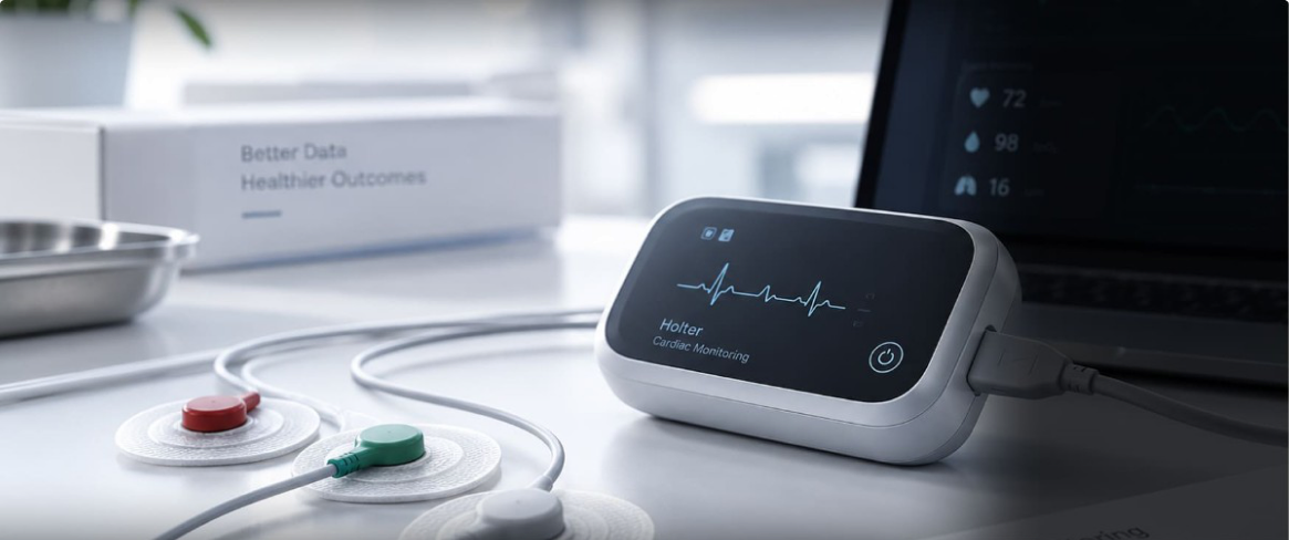 A Holter cardiac monitoring device connected to a clinician's laptop running the browser-based clinical application