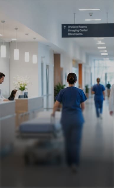 Clinical staff in a hospital corridor