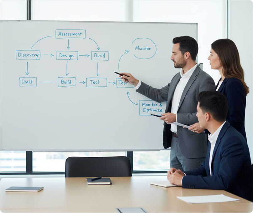 Team assessing and designing a FHIR integration roadmap on a whiteboard