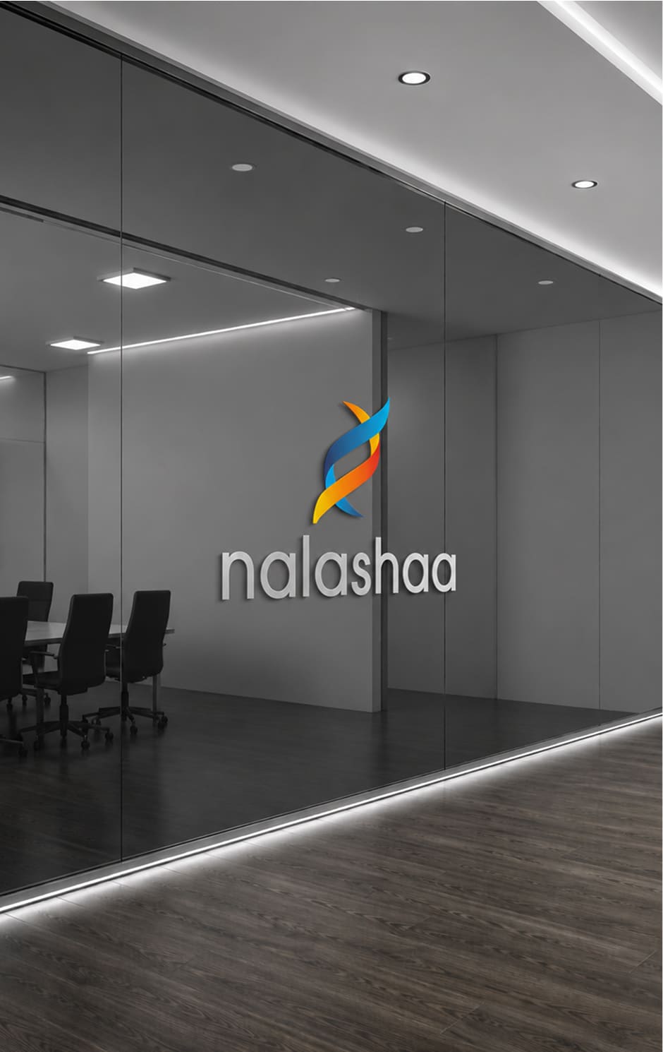 Nalashaa office branding on a glass conference room wall