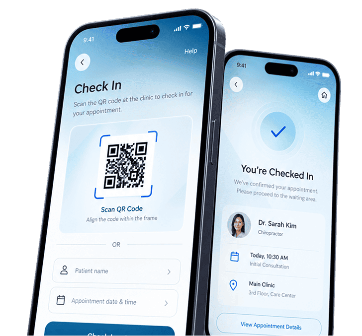 QR code check-in and a confirmed visit on two phones