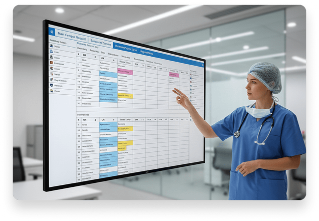 Surgeon reviewing a digital surgery scheduling dashboard in a hospital environment